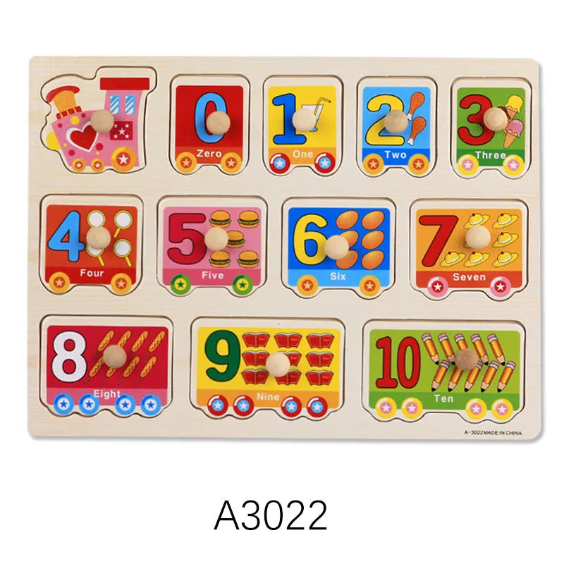 A wooden puzzle set for toddlers featuring numbers zero through ten with corresponding fruits and animals.