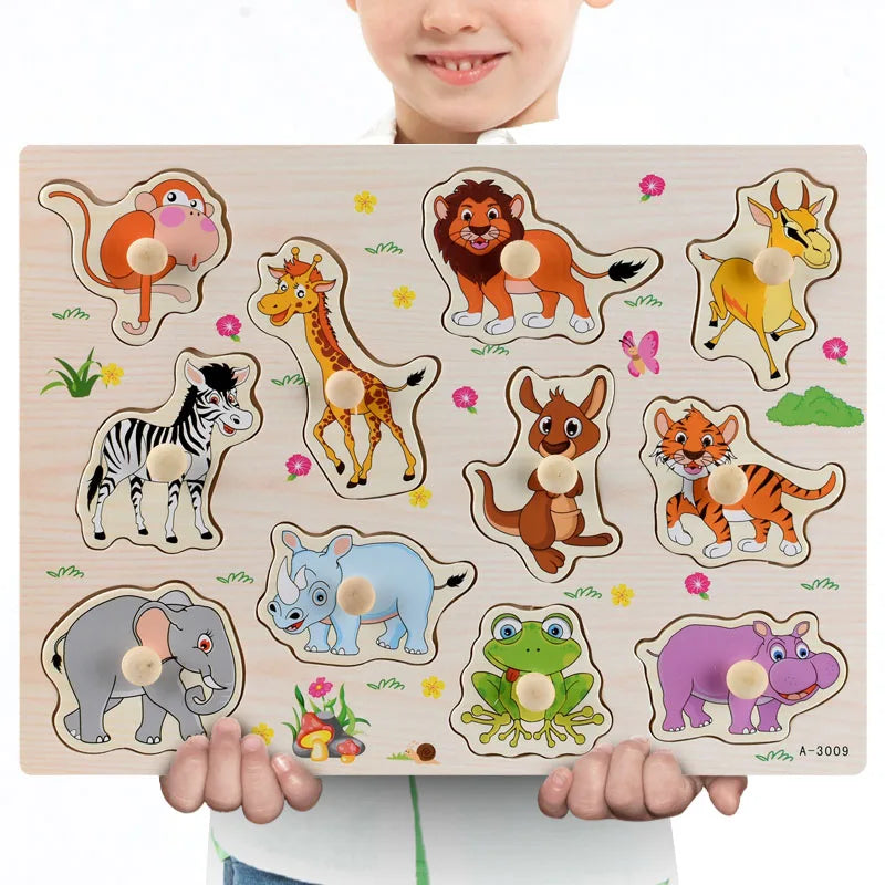 A wooden puzzle set featuring various animals like a lion, giraffe, elephant, and others for toddlers.