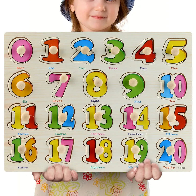 A wooden puzzle set for toddlers showing numbers and possibly shapes, held by a child.