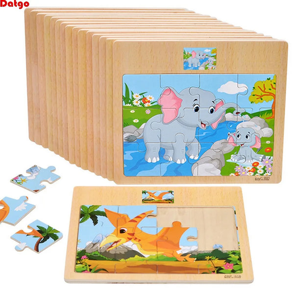A set of wooden kids learning puzzles featuring an elephant and a fox.