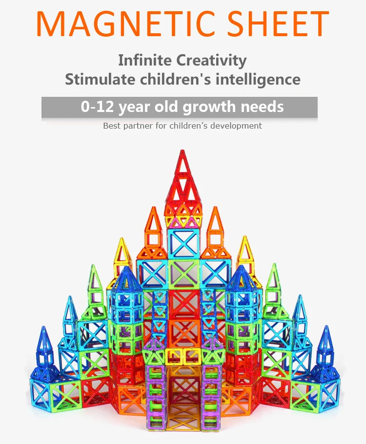 A colorful magnetic sheet of building tiles shaped like towers and structures for children's development