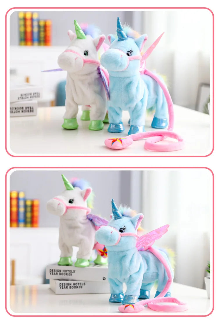 Two plush unicorn toys, one white and one blue, with pink accents, standing on a white surface.