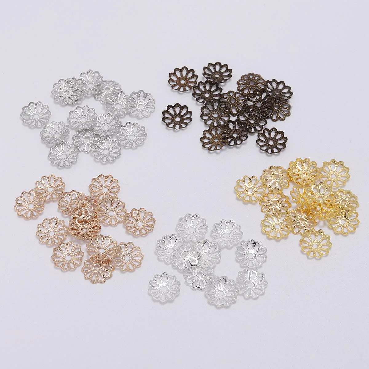 Assortment of gold and silver plated flower petal bead caps for jewelry making