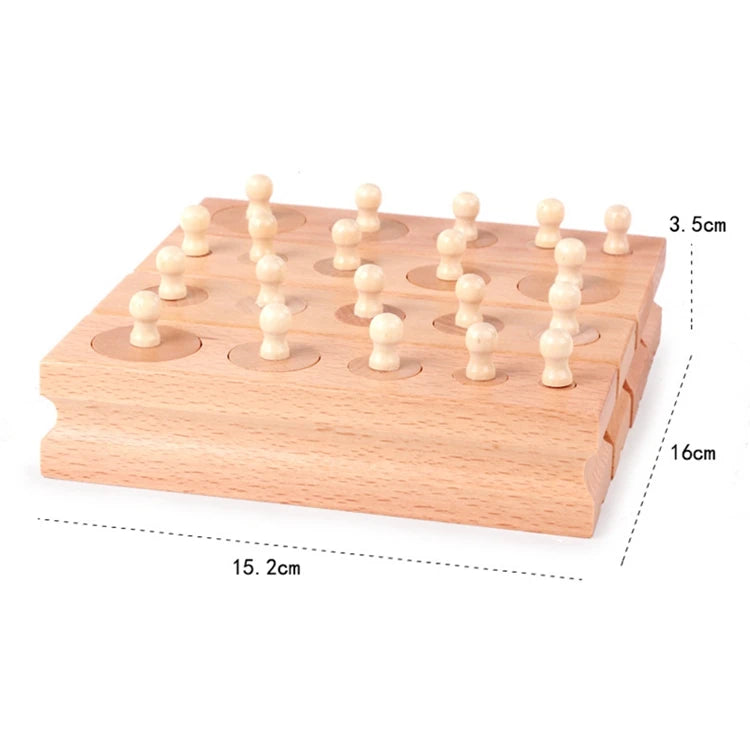 A wooden Montessori cylinder blocks set with small wooden pegs and cylinders, showing dimensions.