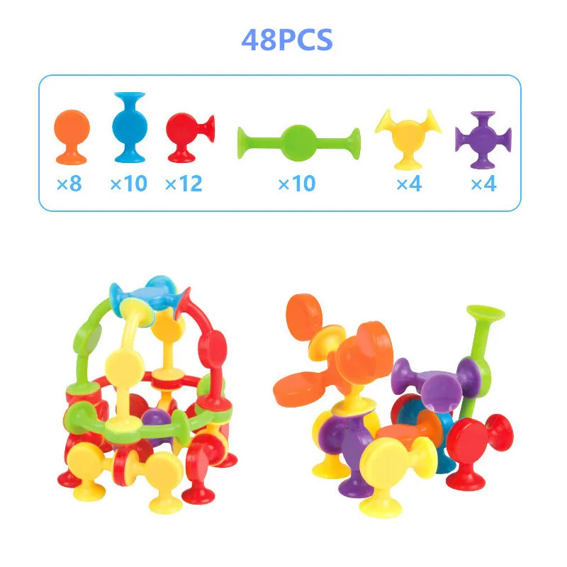 Ein Set von 48 farbenfrohen Pop Little Sucker Bausteinen in verschiedenen Formen und Farben.