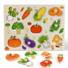 A wooden puzzle set for toddlers featuring various fruits, vegetables, and mushrooms.