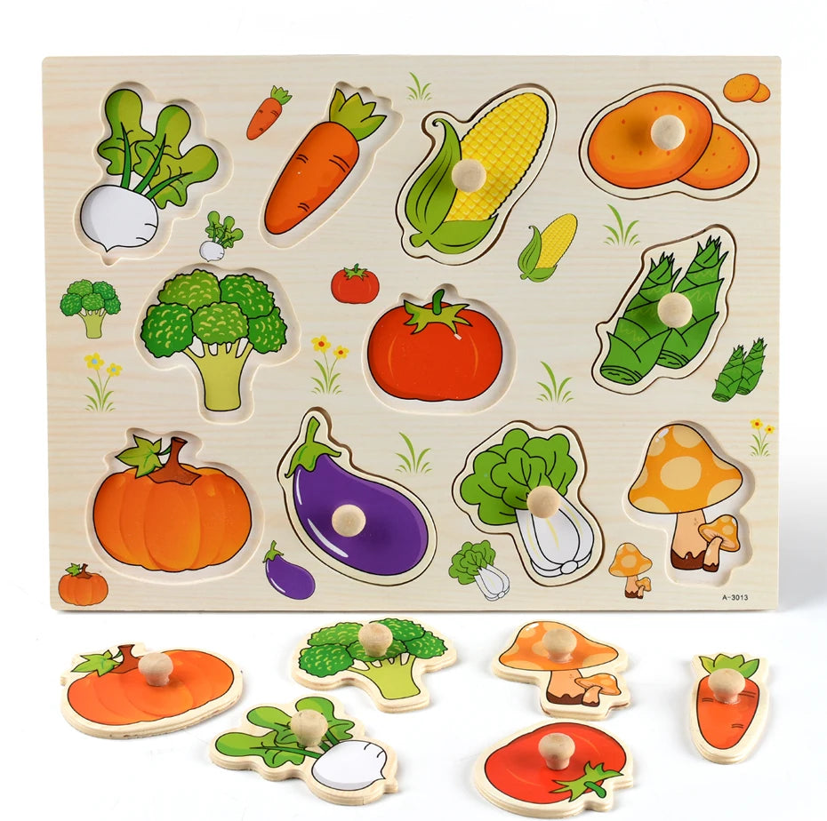 A wooden puzzle set for toddlers featuring various fruits, vegetables, and mushrooms.