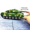A green military-style robot car model is held by a hand, with a telescopic attachment visible.