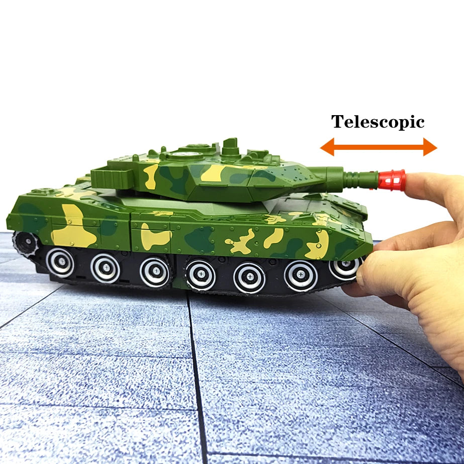 A green military-style robot car model is held by a hand, with a telescopic attachment visible.
