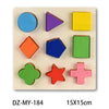A wooden puzzle set featuring various geometric shapes and animal figures in bright colors on a light background.