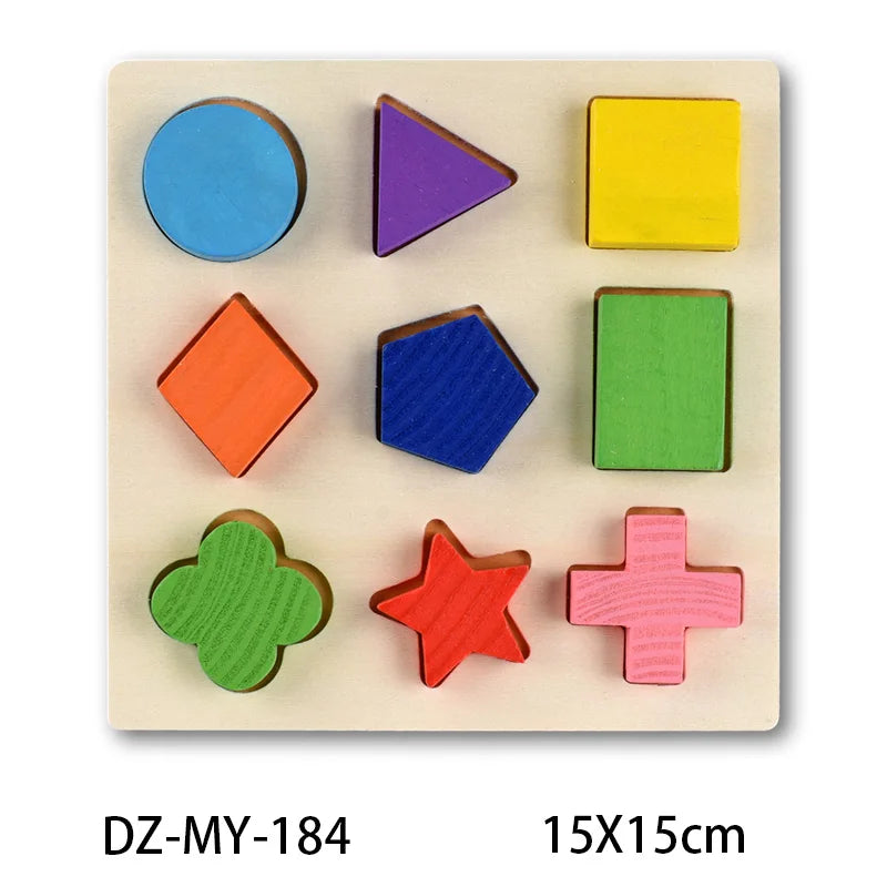 A wooden puzzle set featuring various geometric shapes and animal figures in bright colors on a light background.