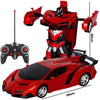 A red RC transforming car robot is shown with its remote control and a separate vehicle form.