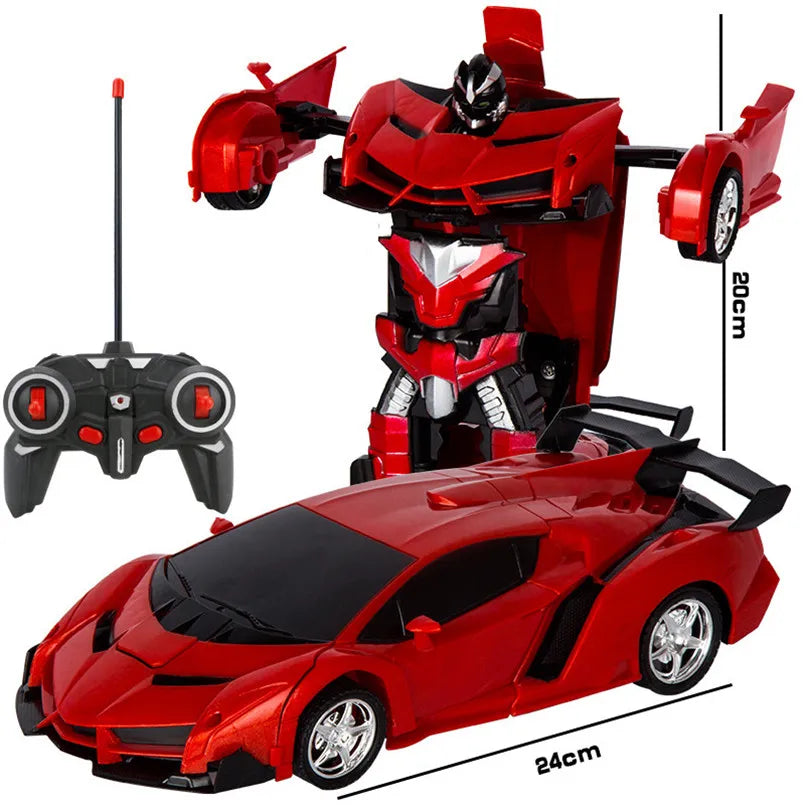 A red RC transforming car robot is shown with its remote control and a separate vehicle form.