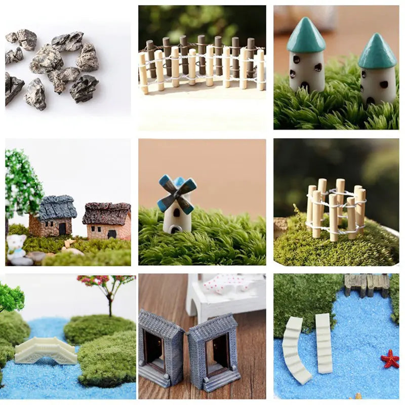 Whimsical Miniature Garden Bridge, Windmill & Castle Decor Set