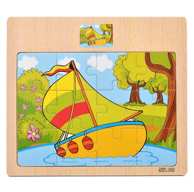 A wooden puzzle depicting a yellow boat with a yellow sail and green trees.
