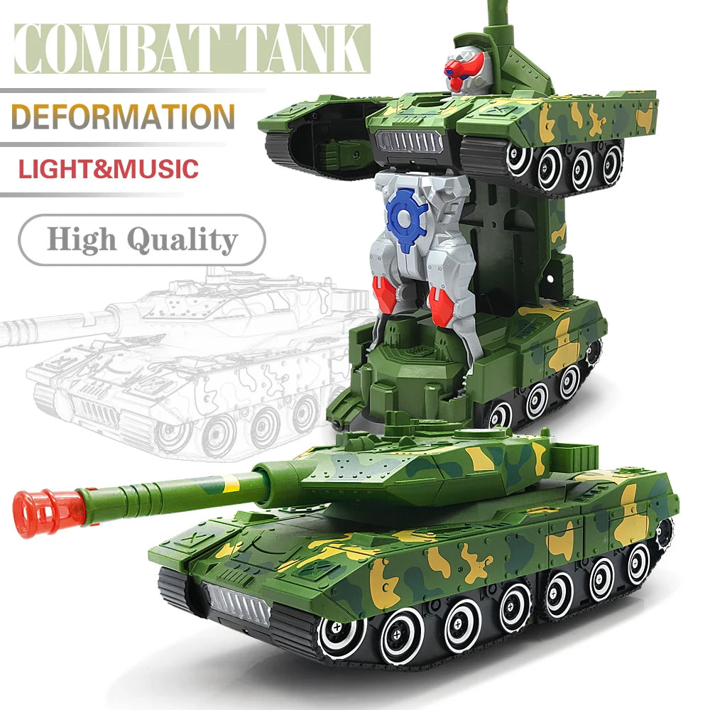 A detailed model of a combat tank featuring deformation, light, and music effects.
