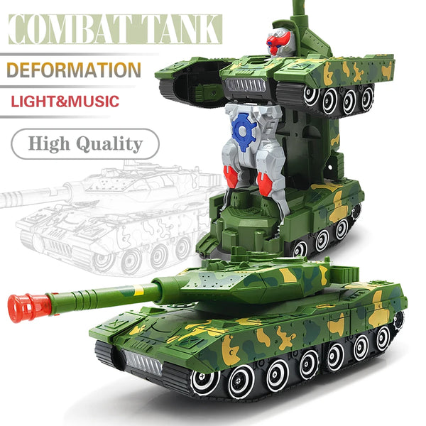 A detailed model of a combat tank featuring deformation, light, and music effects.
