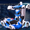 A white and blue remote-controlled robotic car transforming into a robot, shown against a dark blue background.