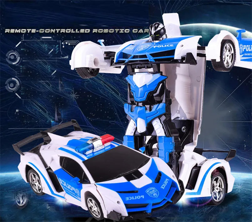 A white and blue remote-controlled robotic car transforming into a robot, shown against a dark blue background.