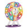 A colorful magnetic building tiles set shaped like a sphere, mounted on a clear stand.