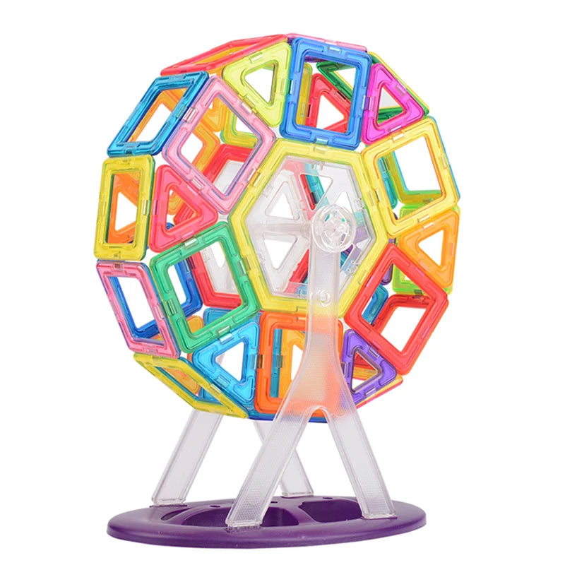 A colorful magnetic building tiles set shaped like a sphere, mounted on a clear stand.