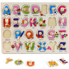 A wooden puzzle set featuring letters A through Z and various objects for toddlers