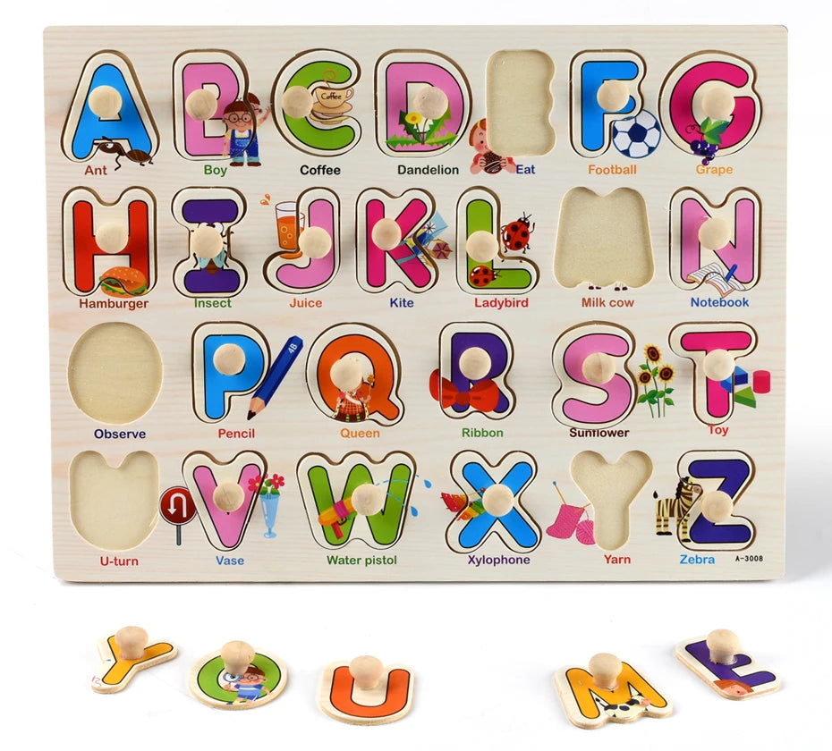 A wooden puzzle set featuring letters A through Z and various objects for toddlers