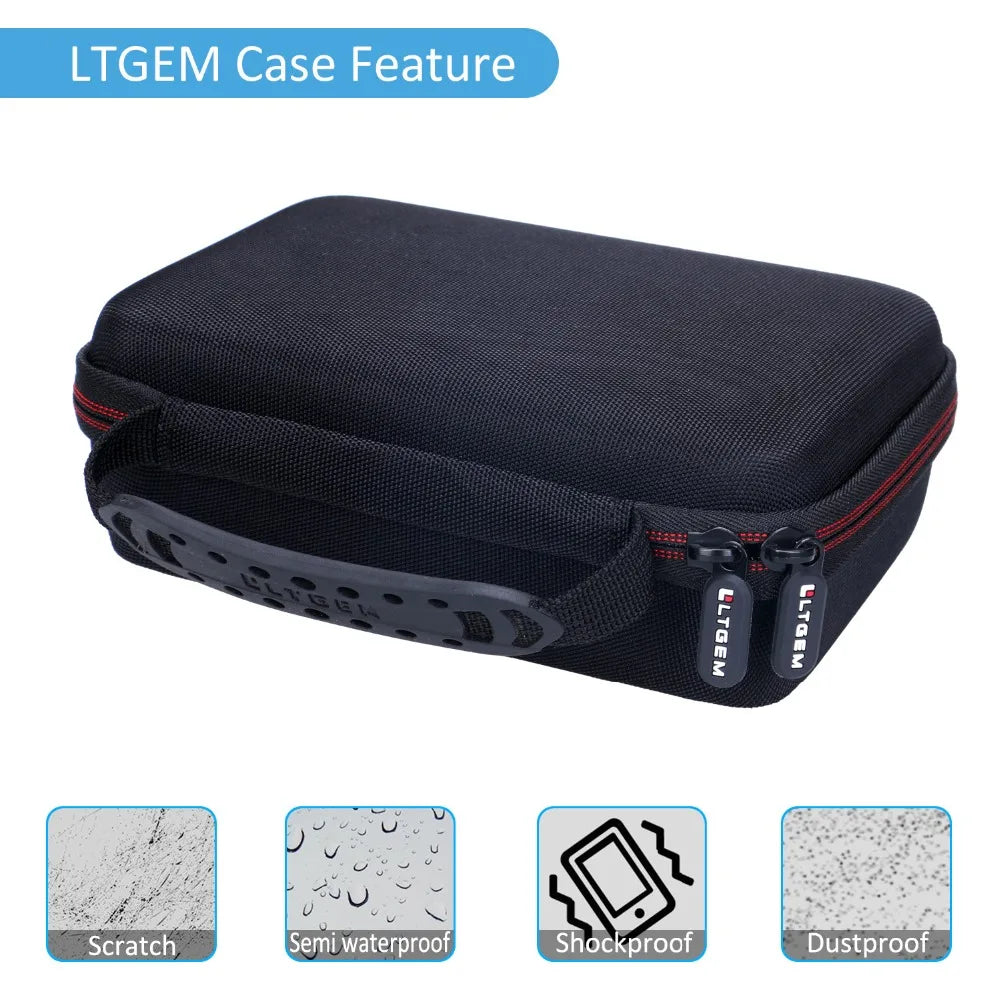 Black protective case for an LTGEM device featuring scratch, waterproof, shockproof, and dustproof features.