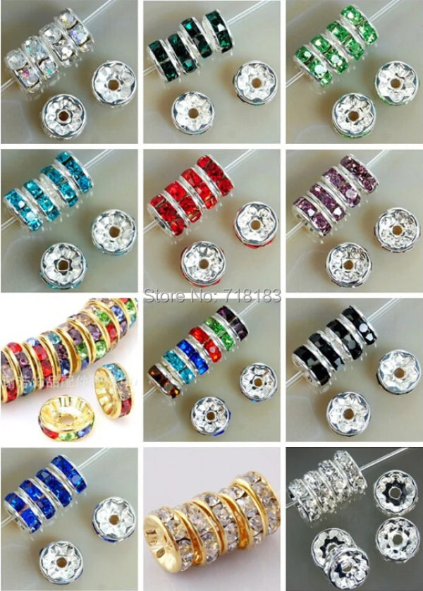 A collection of various crystal and gemstone round spacer beads for jewelry making in different colors and cuts.