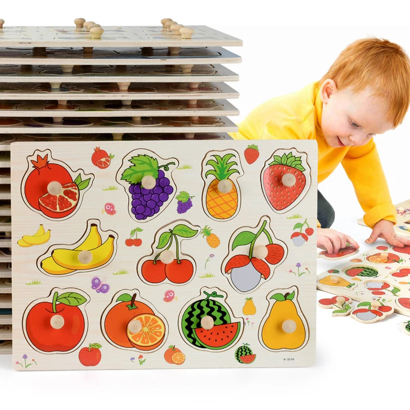 A wooden puzzle set featuring various fruits and animals for toddlers, displayed next to a child.