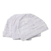 A stack of white baby hats featuring cute cartoon text like be my baby and sweet sleep