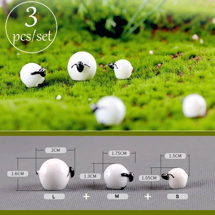 Three miniature white animal figurines in sizes Large, Medium, and Small displayed on a gray surface.