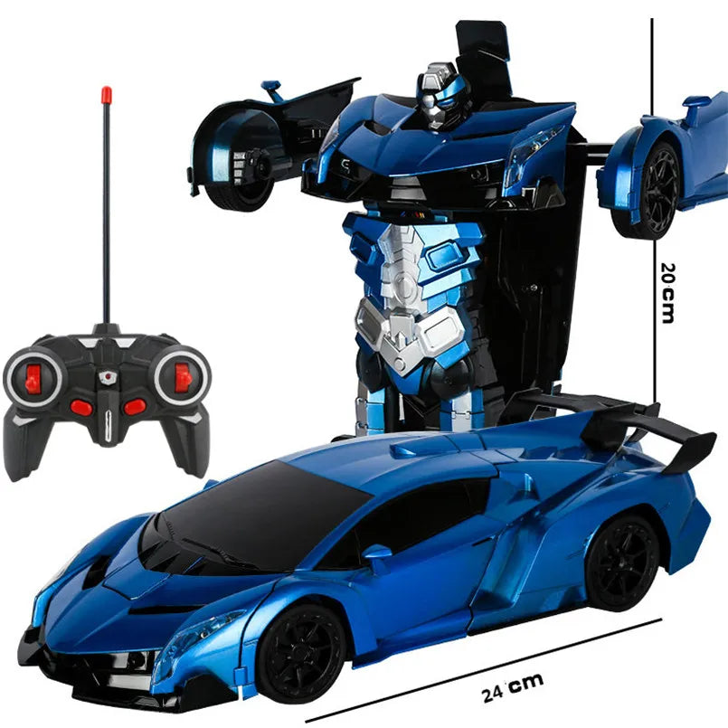 A blue transforming RC car robot is shown with its remote control and accessory parts.