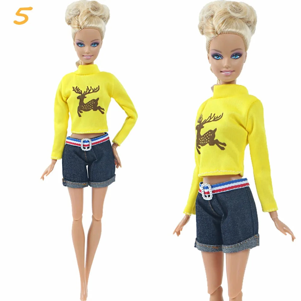 Fashion Doll Outfit Set – Wave Point Dress & Denim Grid Skirt for 11.5–12 Inch Dolls