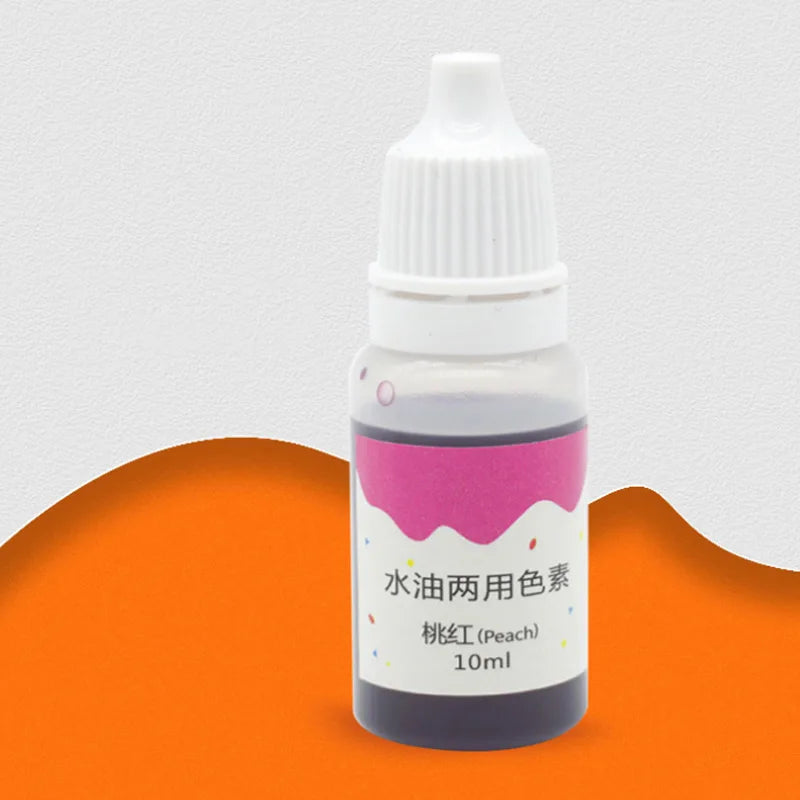 A small white dropper bottle containing pink liquid food coloring dye labeled as Peach, with an orange background.