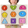 A wooden puzzle set for toddlers featuring various animals, fruits, and shapes.