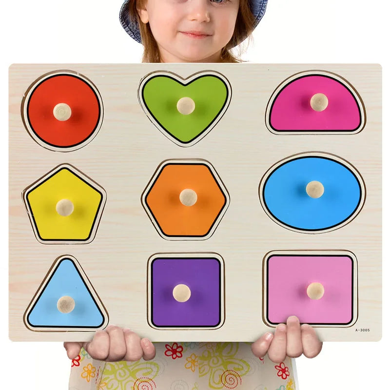 A wooden puzzle set for toddlers featuring various animals, fruits, and shapes.