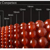 A close-up comparison of various sized, glossy orange-red resin beads ranging from 2mm to 14mm.