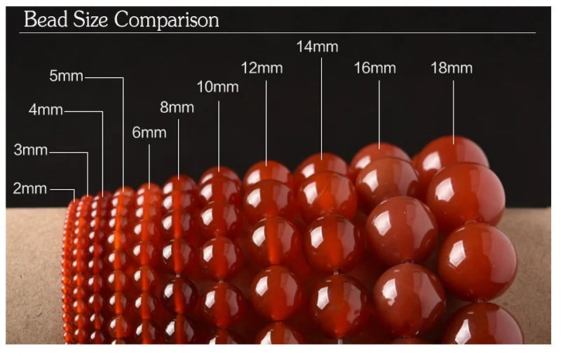 A close-up comparison of various sized, glossy orange-red resin beads ranging from 2mm to 14mm.