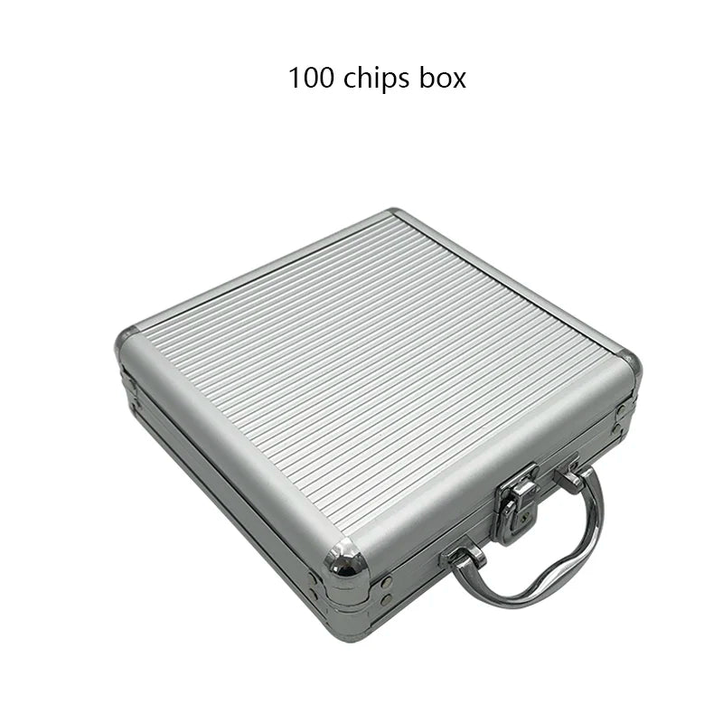 A silver aluminum chip box with a lock and handle, designed for storing 100 chips.