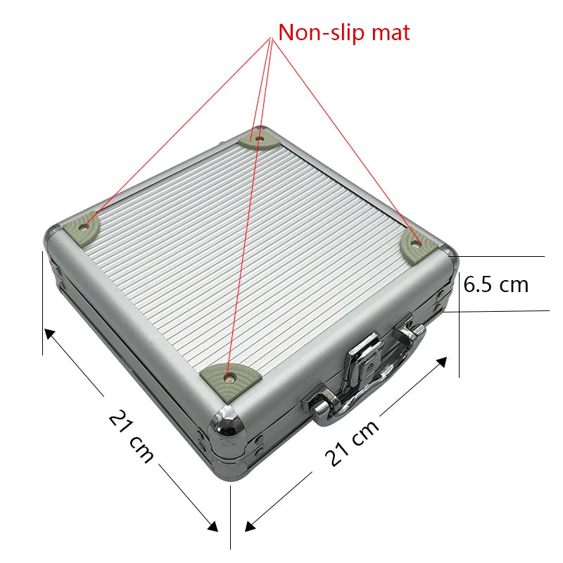 A silver aluminum poker chip carry case with a non-slip mat, shown from above.