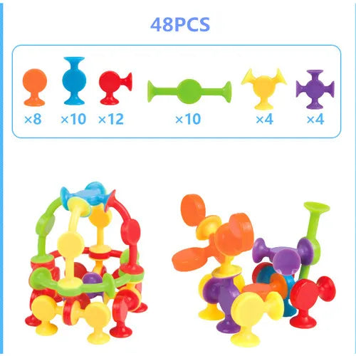 Ein Set von 48 farbenfrohen Pop Little Sucker Bausteinen in verschiedenen Formen und Farben.