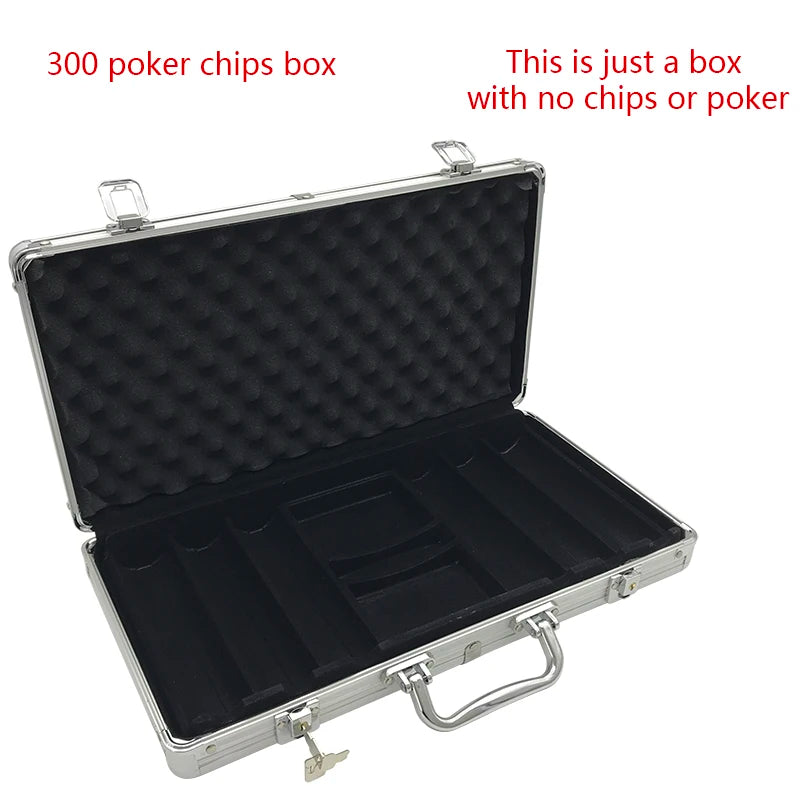 A silver aluminum poker chip box with a hinged lid and handle, shown open to display the interior compartments.