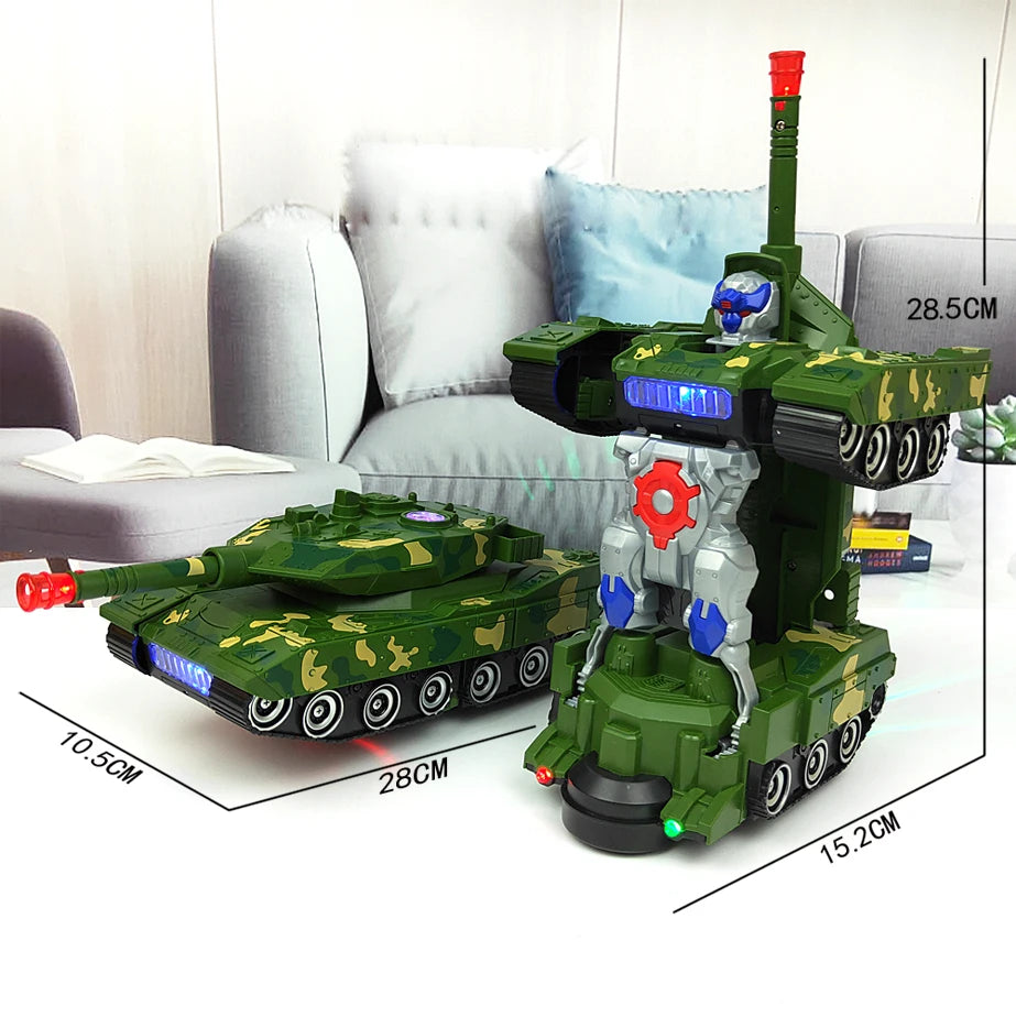 A green transforming robot car toy with lights and music is displayed on a white surface.