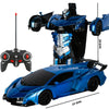 A blue RC transforming car robot is shown with its remote control and accessory parts.