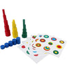 A set of colorful wooden cylinder blocks in red, yellow, and green stacked vertically.