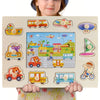 A wooden puzzle set for toddlers featuring various animals, fruits, and shapes.