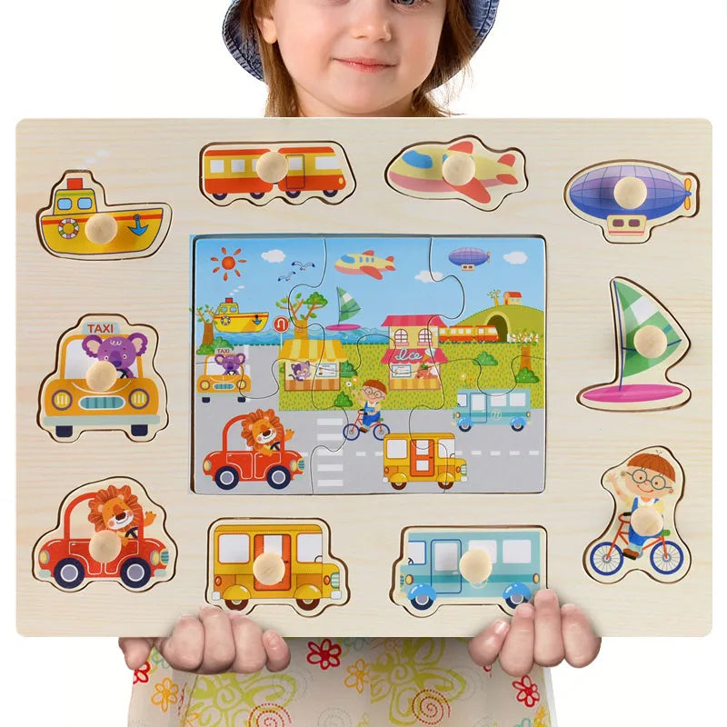 A wooden puzzle set for toddlers featuring various animals, fruits, and shapes.