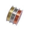 Three spools of durable copper beading wire for jewelry making in gold, silver, and rose gold tones.
