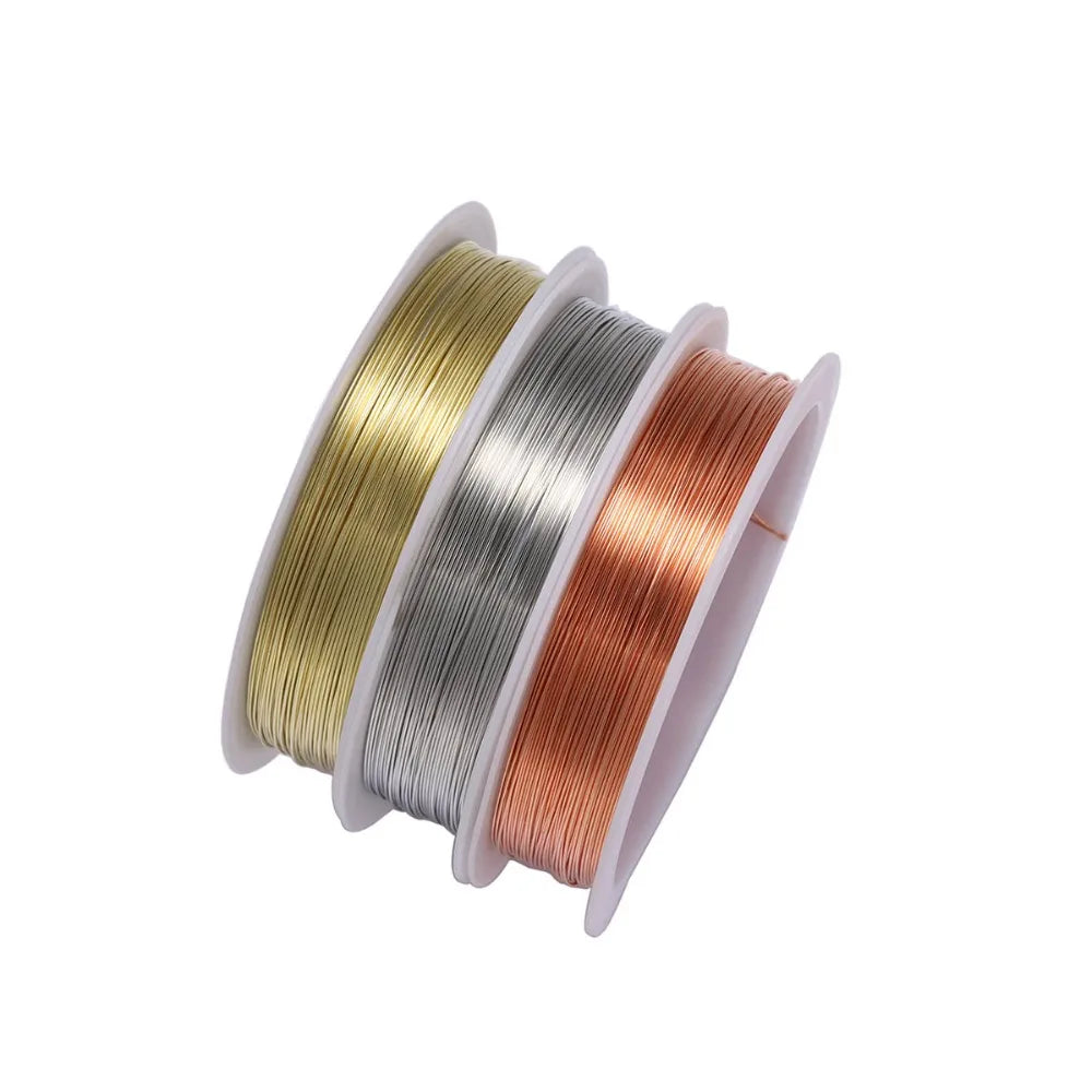 Three spools of durable copper beading wire for jewelry making in gold, silver, and rose gold tones.